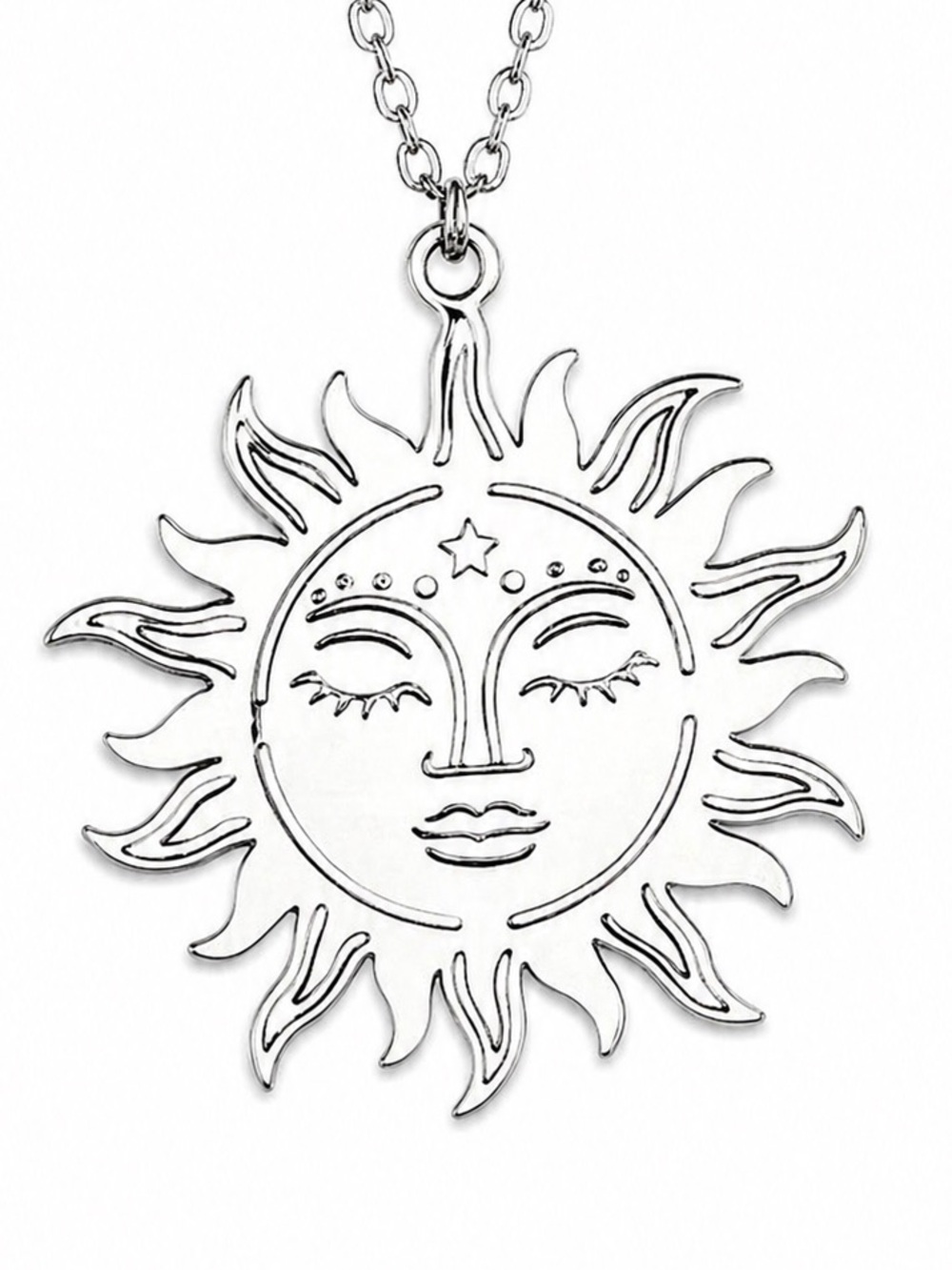 Silver Sun Face Pendant Necklace | 20” Stainless Steel Chain